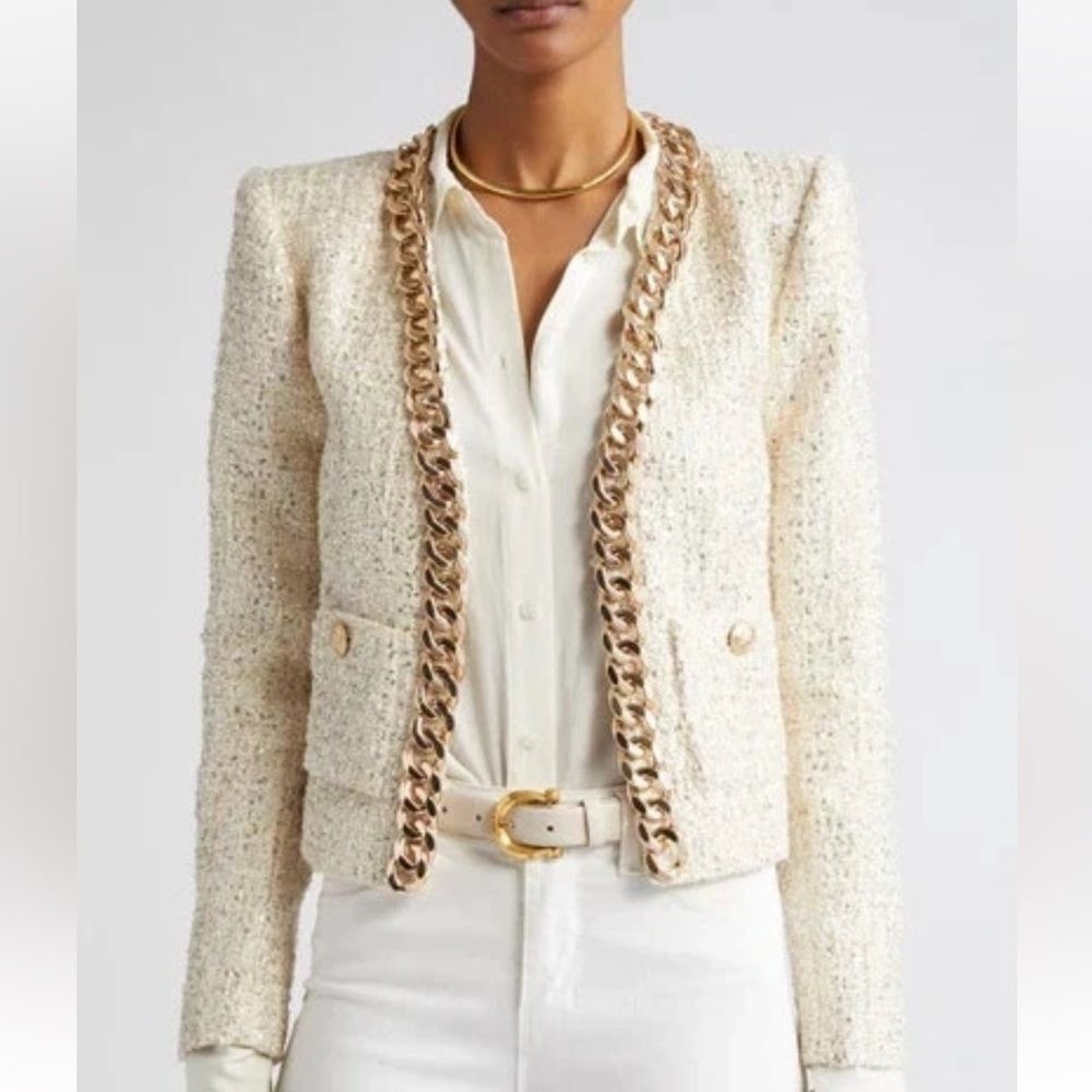 L'AGENCE 
Greta Chain Detail Sequin Tweed Jacket - Champagne/Gold NWT Size 2